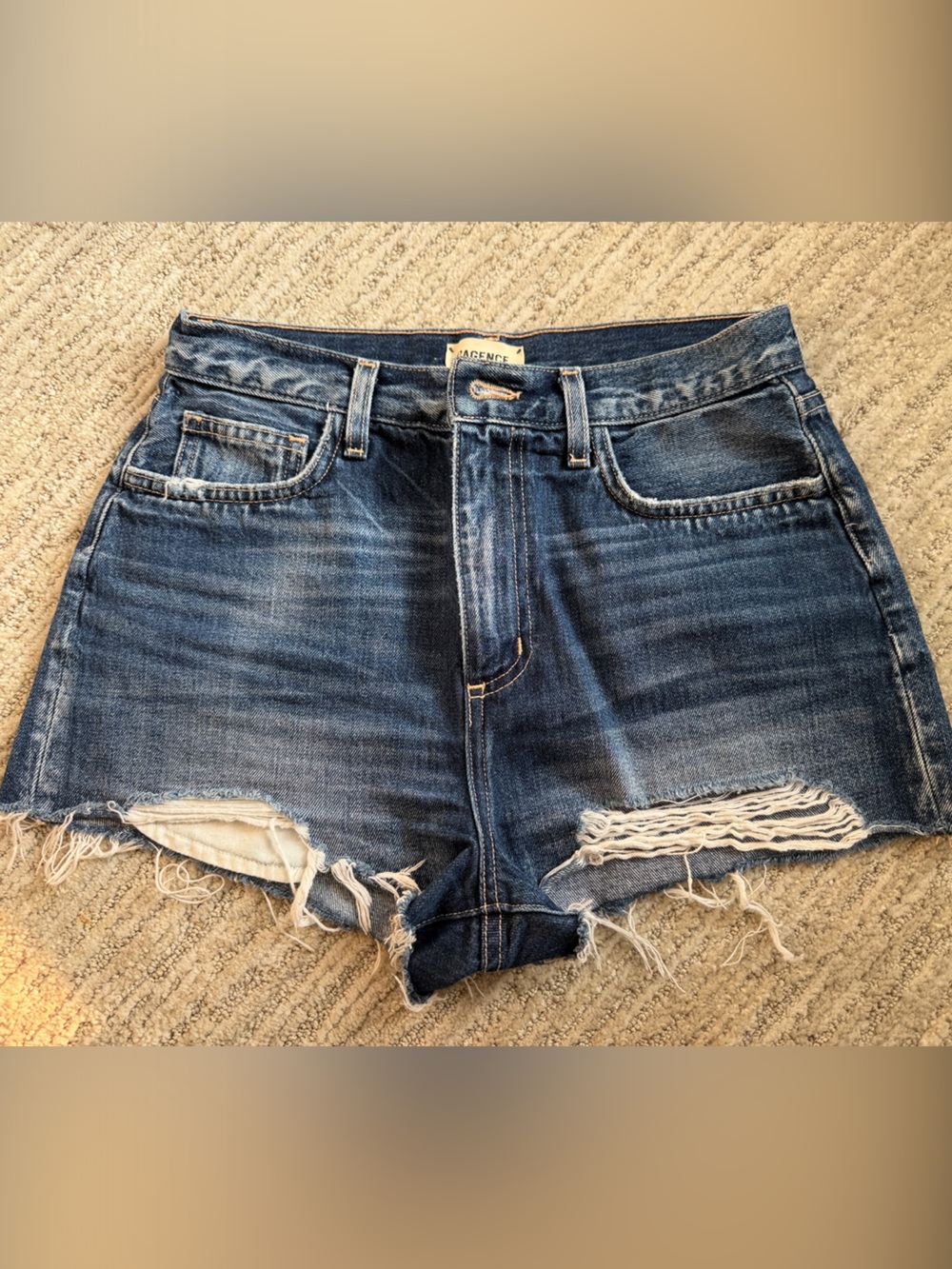 L'AGENCE Distressed Dark Blue Denim Cutoff Shorts
